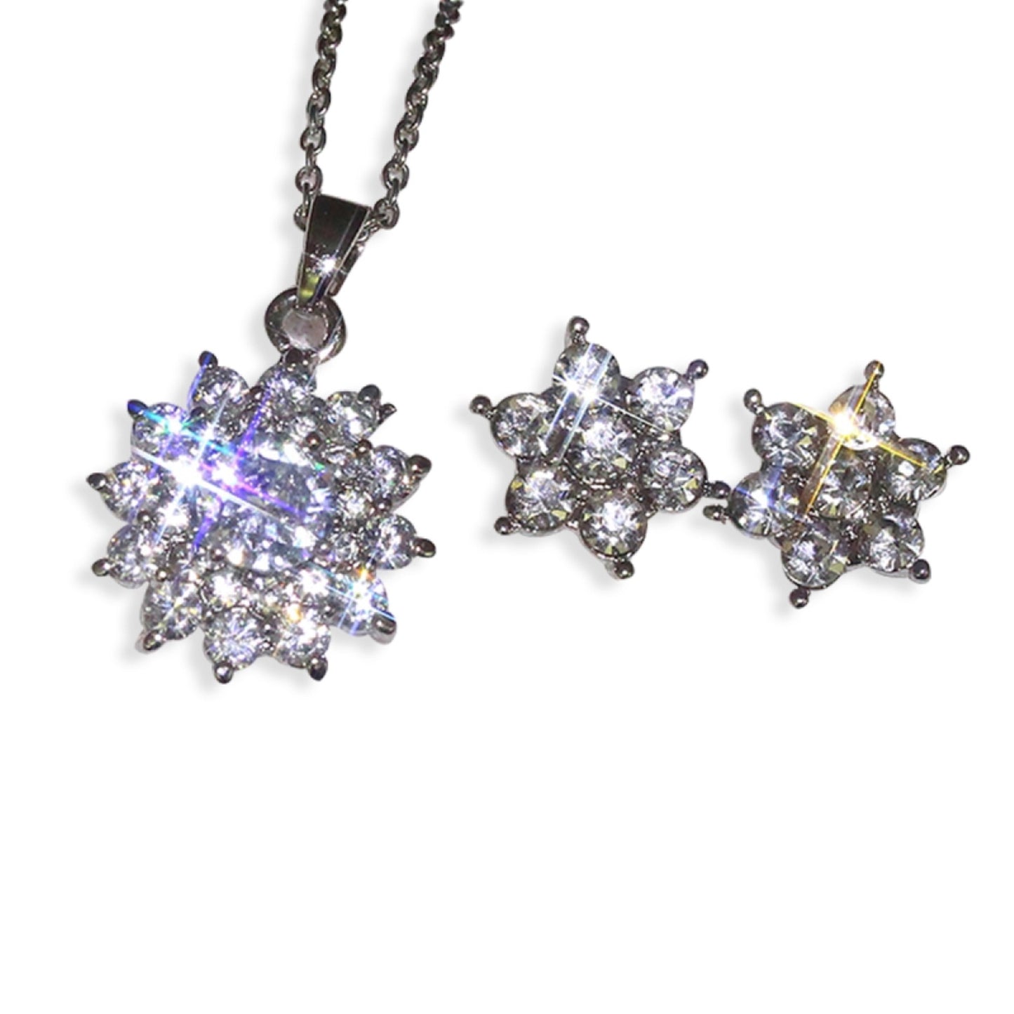 Sparkling Crystal Sunflower Necklace And Stud Earrings Set In Silver Tone
