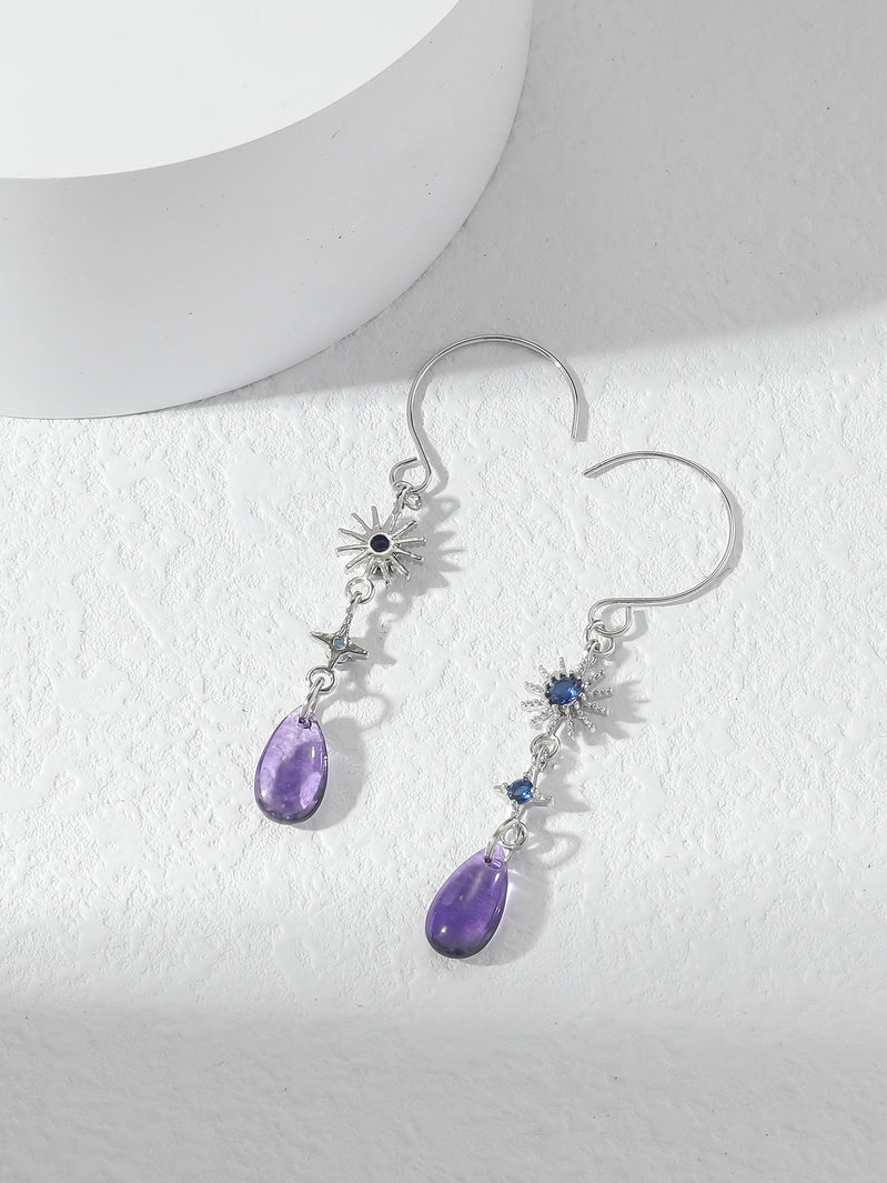 Blue Sun Crystal and Purple Water Drop Pendant Earrings