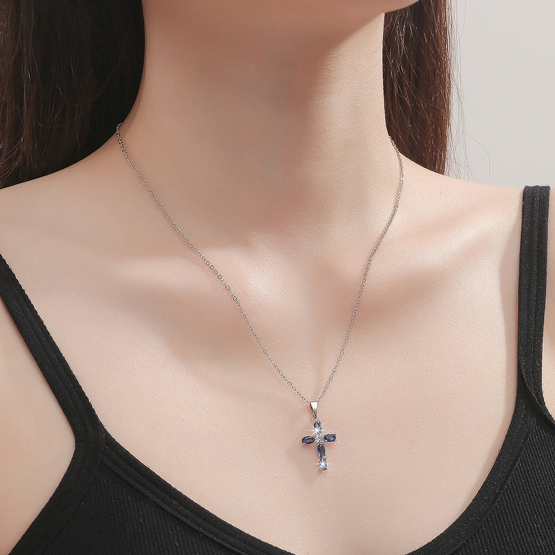 Beautiful Blue Sapphire Crystal Cross Silver Pendant Necklace