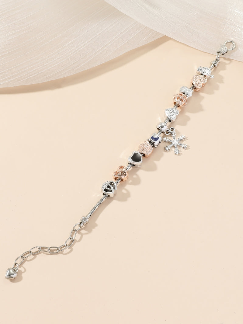 Charming Silver and Rosegold Women Snowflake Drop and Beads Chain Bracelet