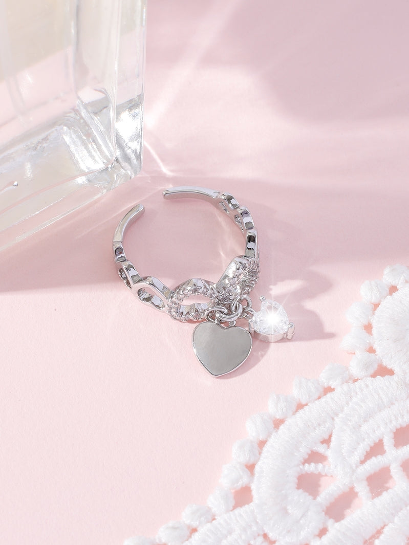 Love Heart Charm Zircon Crystal Band Open Ring Adjustable