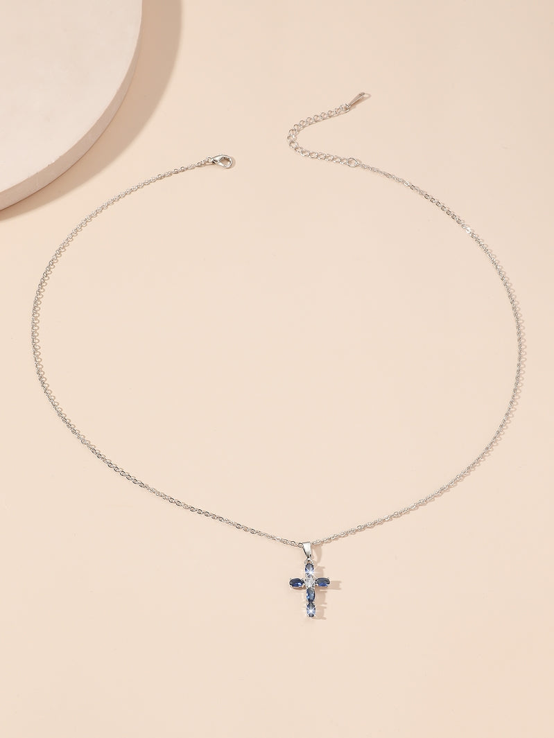 Beautiful Blue Sapphire Crystal Cross Silver Pendant Necklace