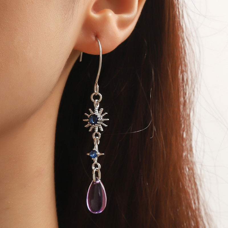 Blue Sun Crystal and Purple Water Drop Pendant Earrings