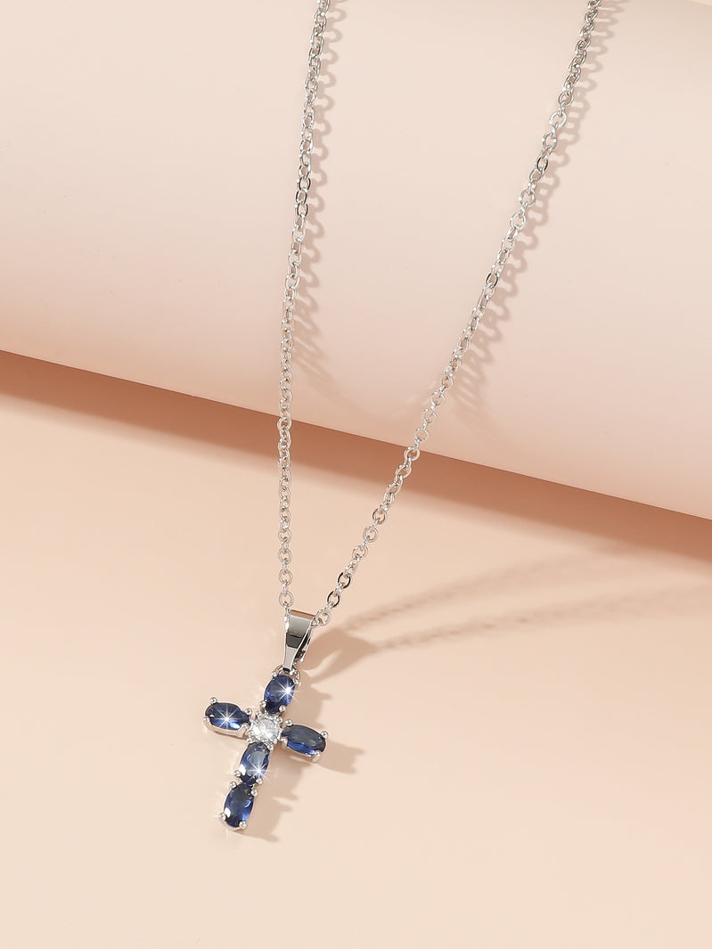Beautiful Blue Sapphire Crystal Cross Silver Pendant Necklace