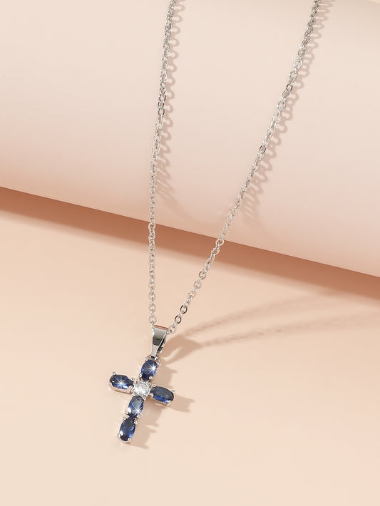Beautiful Blue Sapphire Crystal Cross Silver Pendant Necklace