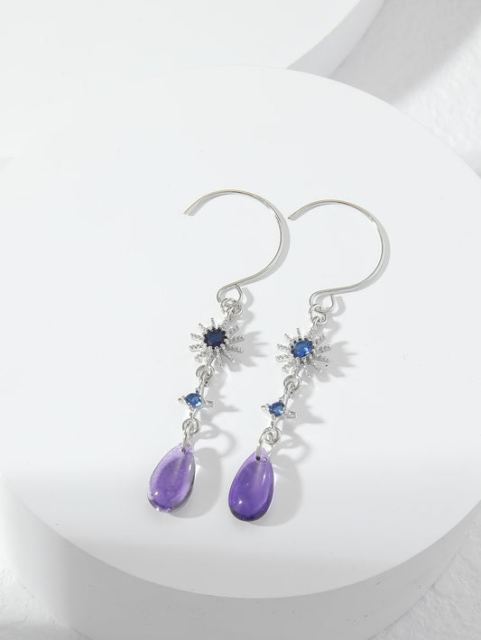 Blue Sun Crystal and Purple Water Drop Pendant Earrings