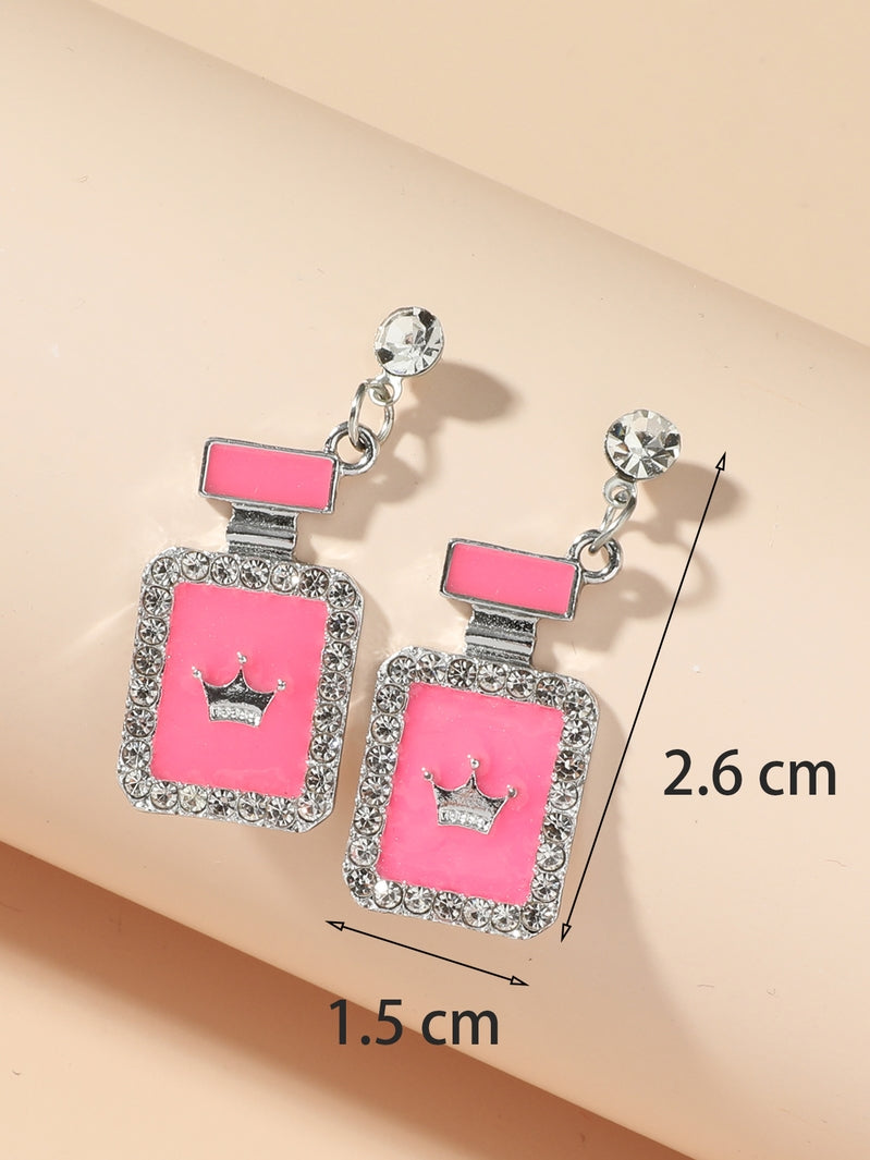 Rectangle Shape Silver Crown Perfume Bottle Crystal Earrings in Pink