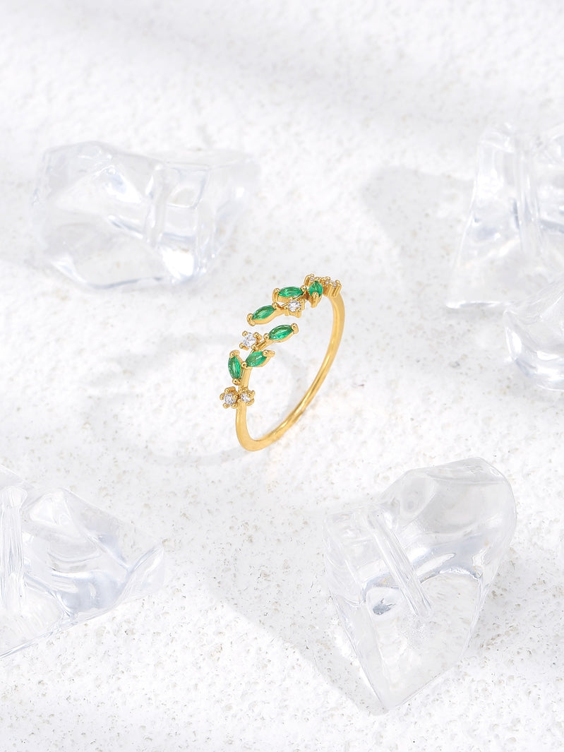 Leaf Black Zircon Crystal Wrap Open Ring Adjustable Silver or Gold