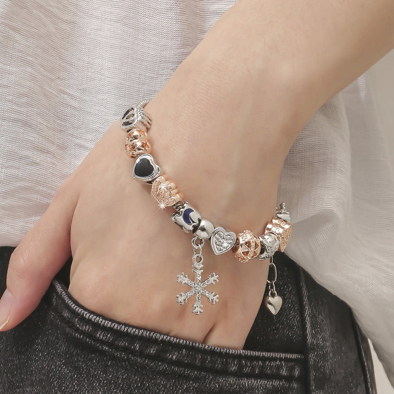 Charming Silver and Rosegold Women Snowflake Drop and Beads Chain Bracelet