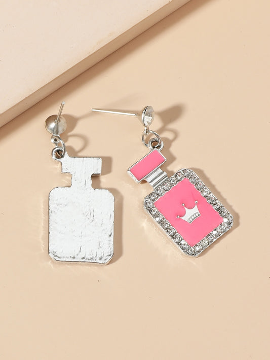 Rectangle Shape Silver Crown Perfume Bottle Crystal Earrings in Pink