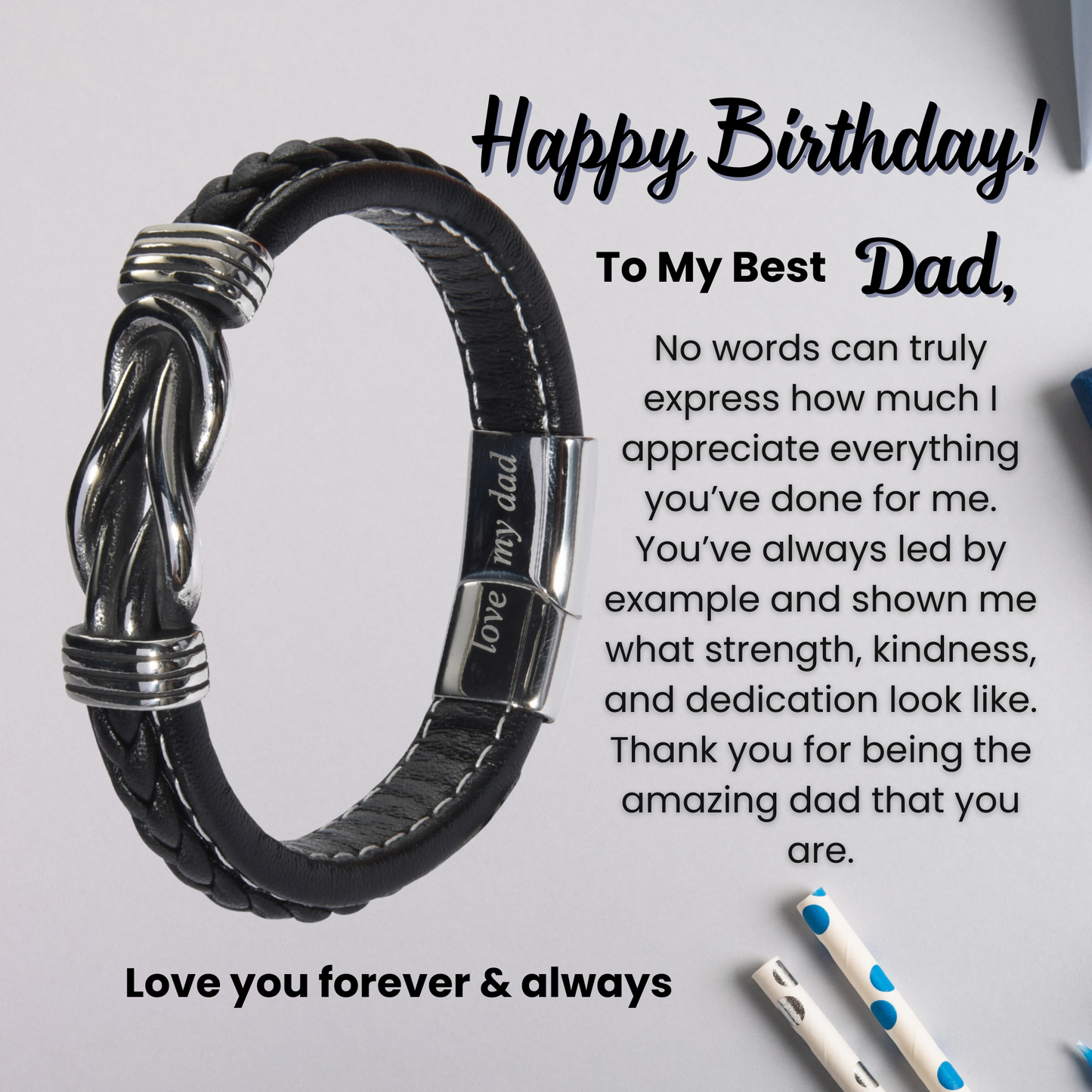 Infinity Bracelet For Dad Engraved Leather Stainless steel with Personalised Message Card