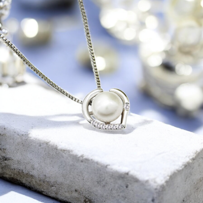Pearl Heart Crystal Silver Tone Pendant Necklace