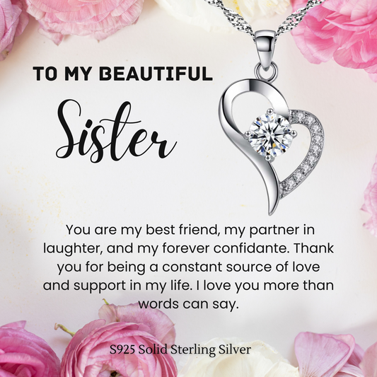 S925 Sterling Silver Heart C/Z Pendant Necklace with Message Card For Sister