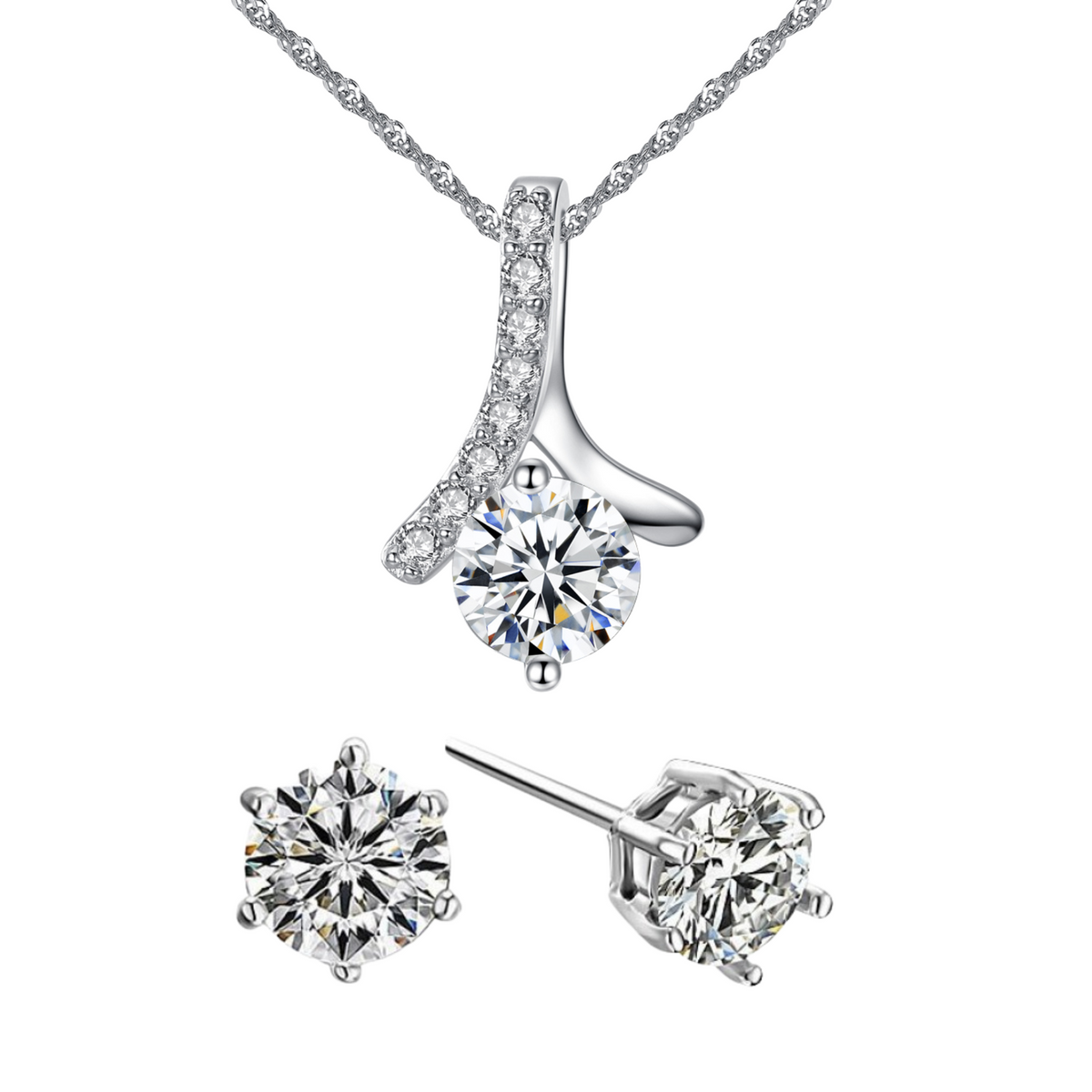 Solitaire Zircon Crystal Pendant Necklace and Stud Earrings Set