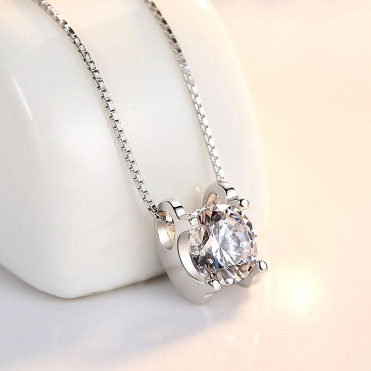 Solitaire Crystal Necklace and S925 Sterling Silver Band Ring Set