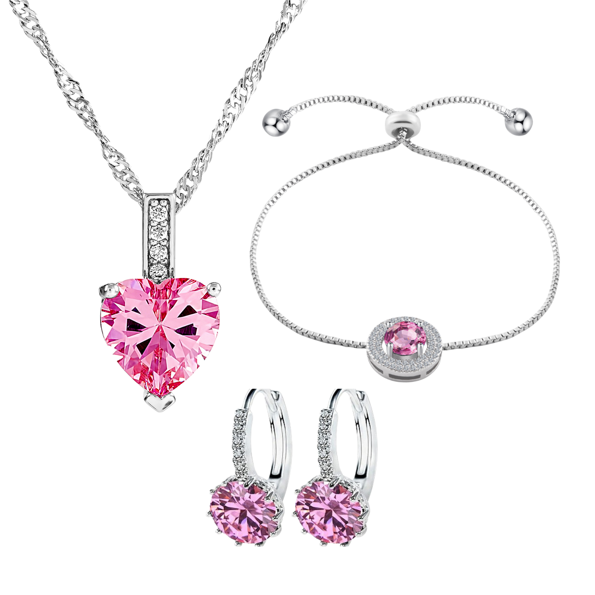Love Heart Pendant Necklace,  Earrings and Bracelet Jewellery Tri-Set ( Pink, Blue or Clear )