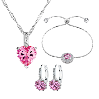 Love Heart Pendant Necklace,  Earrings and Bracelet Jewellery Tri-Set ( Pink, Blue or Clear )