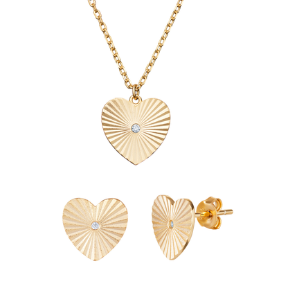 Sterling Silver Gold Plated Cubic Zirconia Heart Necklace and Stud Earrings Set