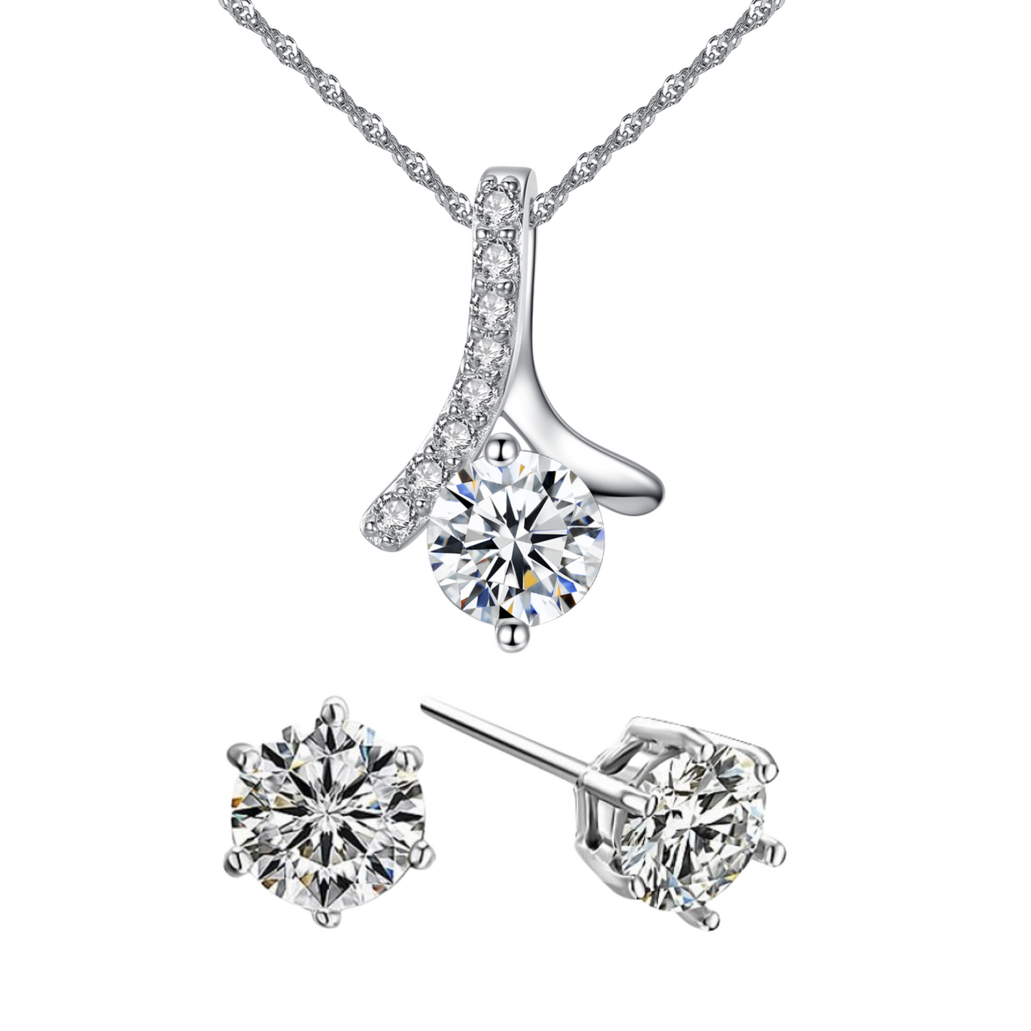 Solitaire Zircon Crystal Pendant Necklace and Stud Earrings Set