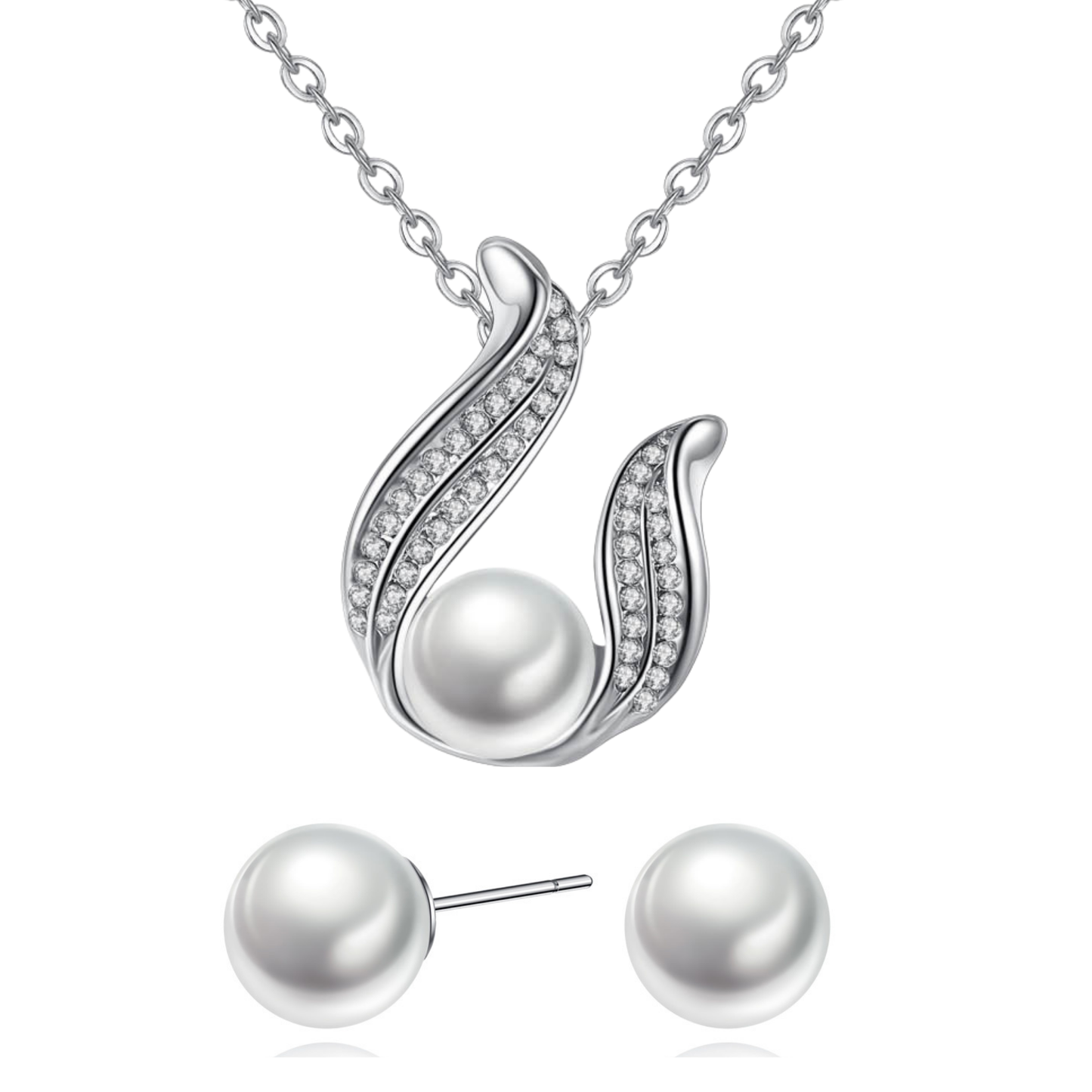 Elegant Silver Pearl Drop Design Crystal Pendant Necklace
