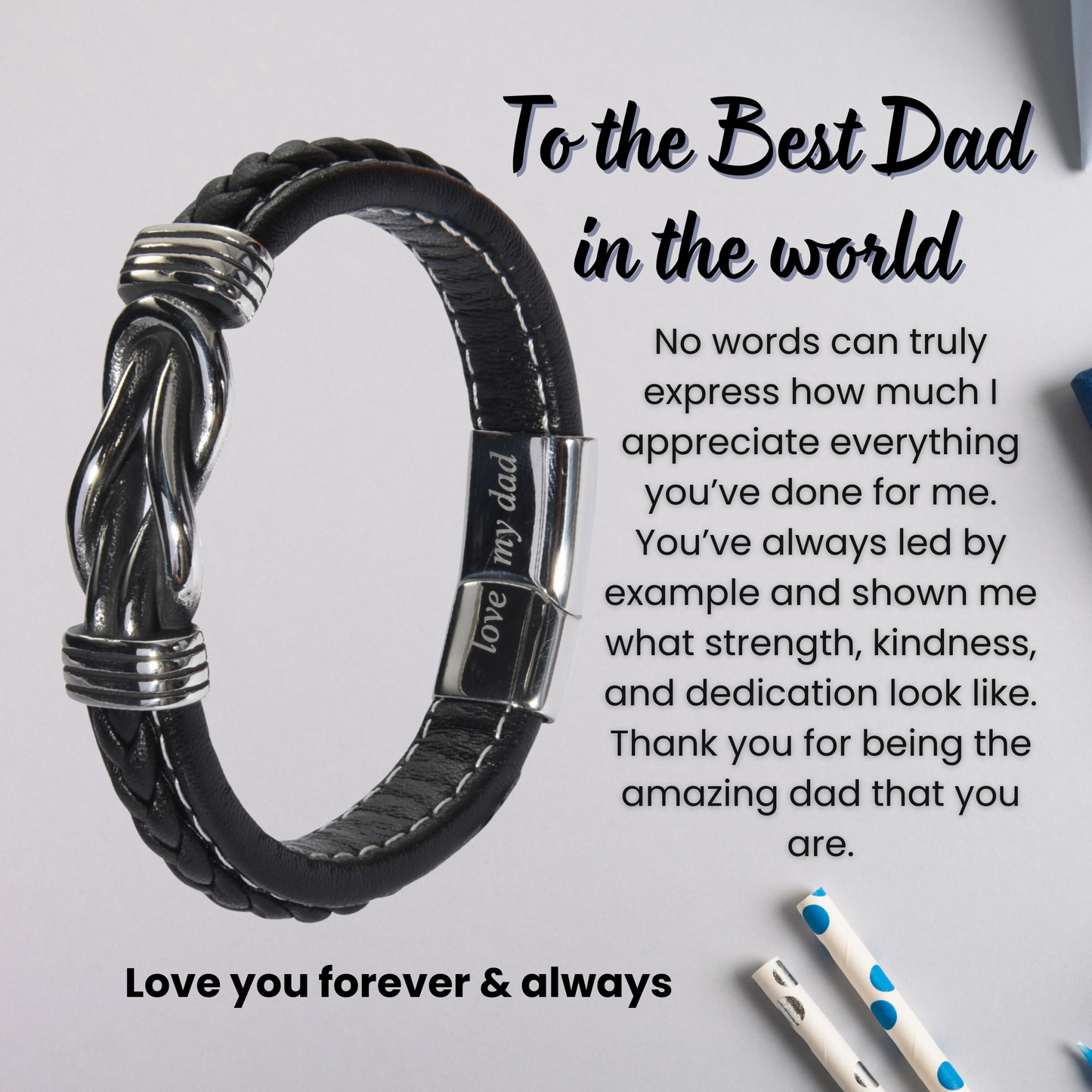 Infinity Bracelet For Dad Engraved Leather Stainless steel with Personalised Message Card