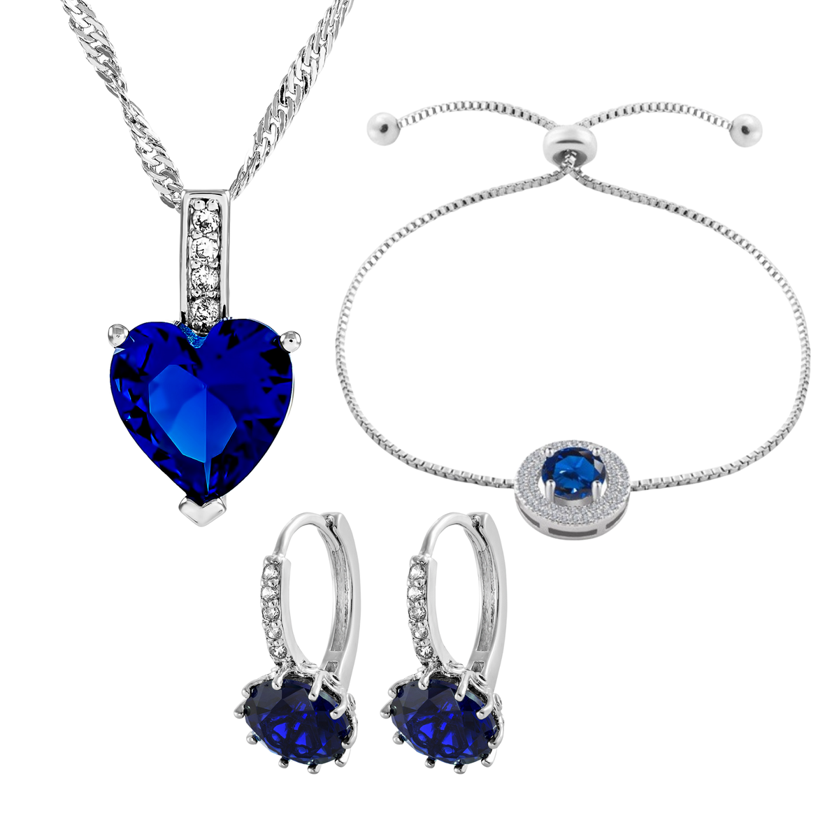Love Heart Pendant Necklace,  Earrings and Bracelet Jewellery Tri-Set ( Pink, Blue or Clear )