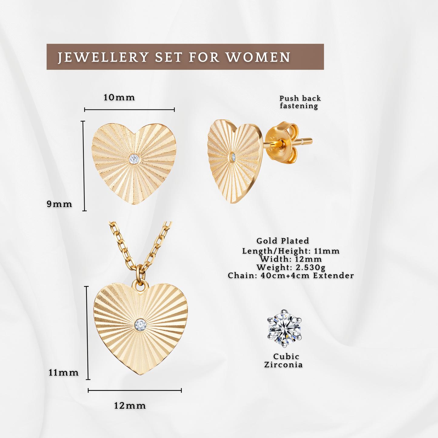 Sterling Silver Gold Plated Cubic Zirconia Heart Necklace and Stud Earrings Set