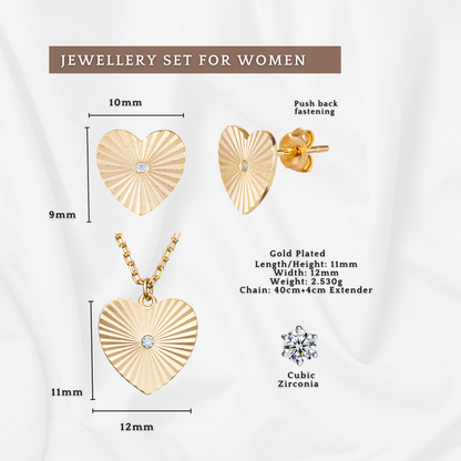 Sterling Silver Gold Plated Cubic Zirconia Heart Necklace and Stud Earrings Set