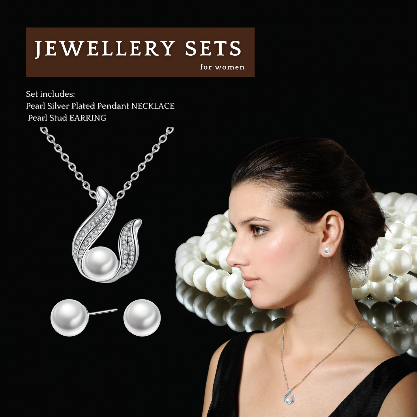 Elegant Silver Pearl Drop Design Crystal Pendant Necklace