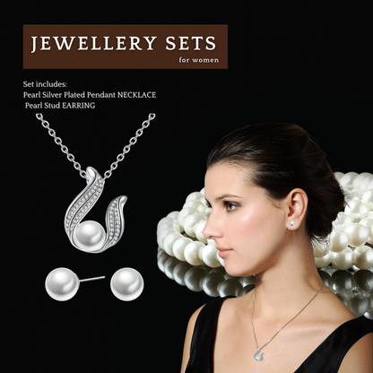 Elegant Silver Pearl Drop Design Crystal Pendant Necklace