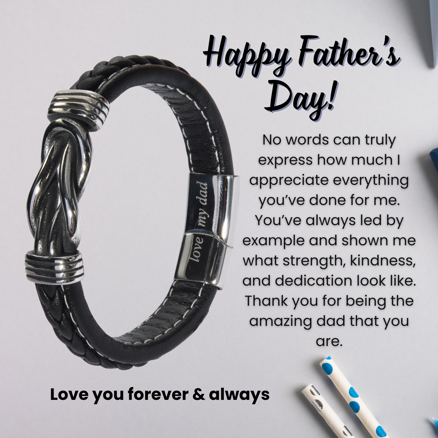 Infinity Bracelet For Dad Engraved Leather Stainless steel with Personalised Message Card