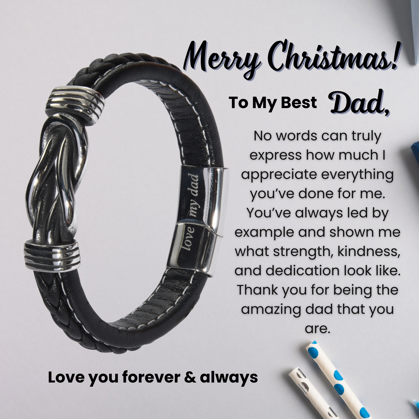 Infinity Bracelet For Dad Engraved Leather Stainless steel with Personalised Message Card