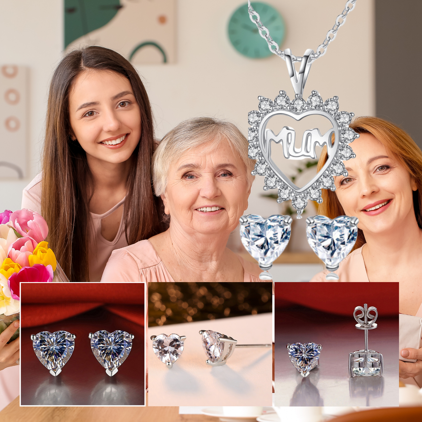 Heart shaped Crystal Necklace and Stud Earrings Jewellery set with Message Card for Mum