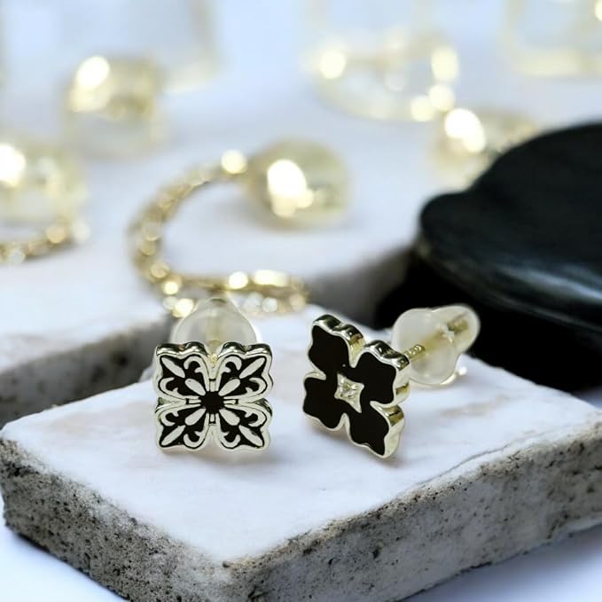 S925 Sterling Silver Black Cléo Clover Necklace, Bracelet and Earrings Tri Set