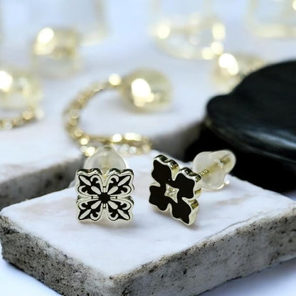 S925 Sterling Silver Black Cléo Clover Necklace, Bracelet and Earrings Tri Set