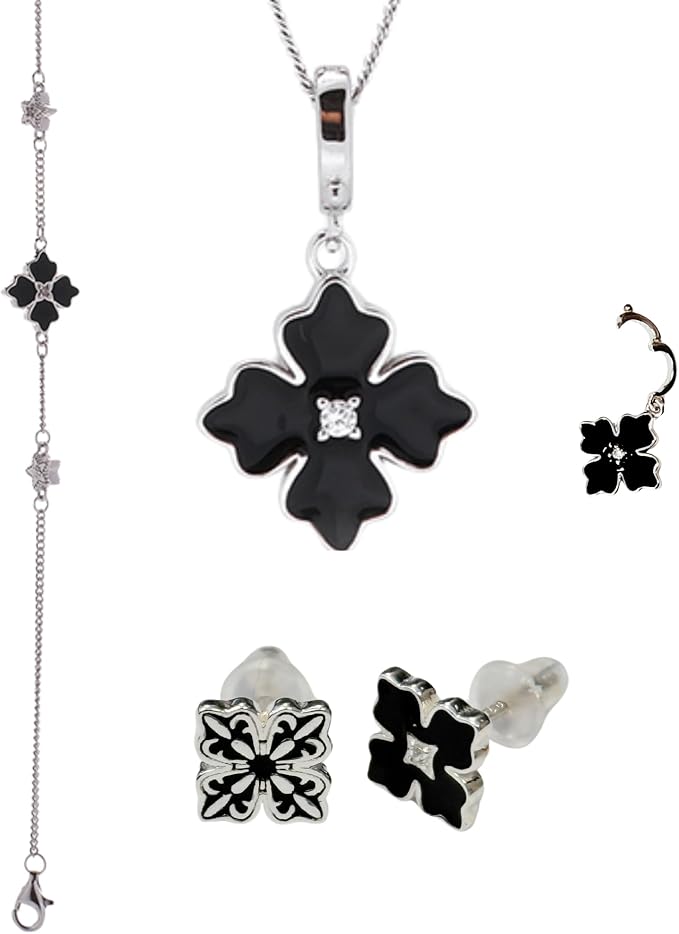 S925 Sterling Silver Black Cléo Clover Necklace, Bracelet and Earrings Tri Set