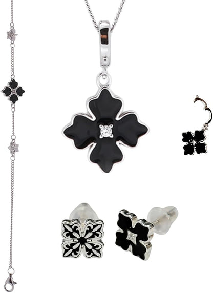 S925 Sterling Silver Black Cléo Clover Necklace, Bracelet and Earrings Tri Set