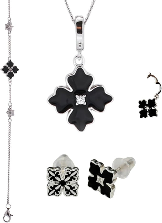 S925 Sterling Silver Black Cléo Clover Necklace, Bracelet and Earrings Tri Set