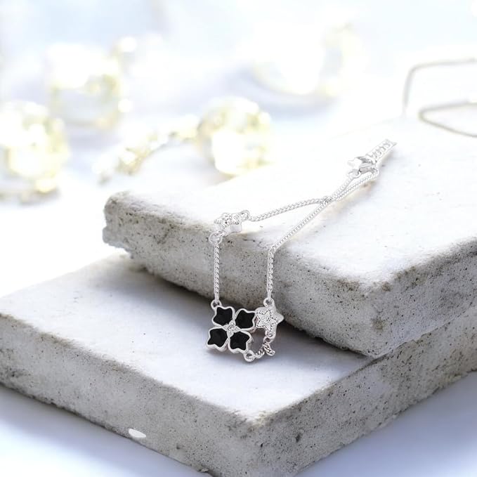 S925 Sterling Silver Black Cléo Clover Necklace, Bracelet and Earrings Tri Set
