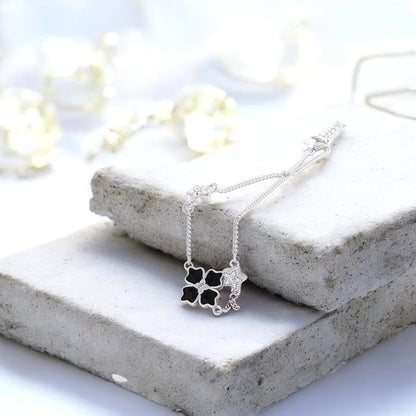 S925 Sterling Silver Black Cléo Clover Necklace, Bracelet and Earrings Tri Set