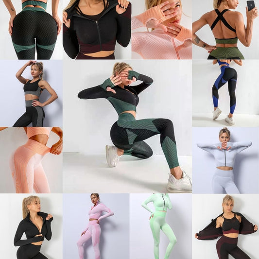 30 Sets of 3pc Anti-Cellulite High Waist Gym Suit Tri-Set(Leggings, Sports Bra & Cropped Jacket) l UK SELLER