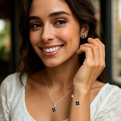 S925 Sterling Silver Black Cléo Clover Necklace, Bracelet and Earrings Tri Set