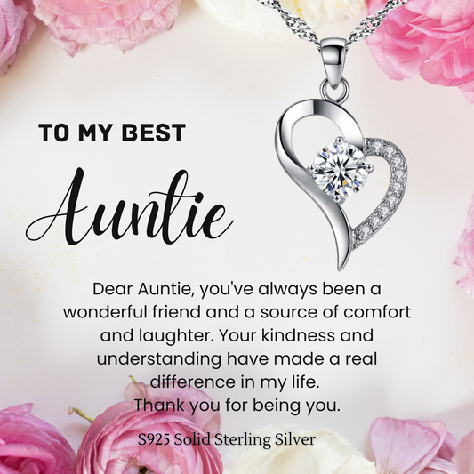 S925 Sterling Silver Heart C/Z Pendant Necklace with Message Card For Auntie