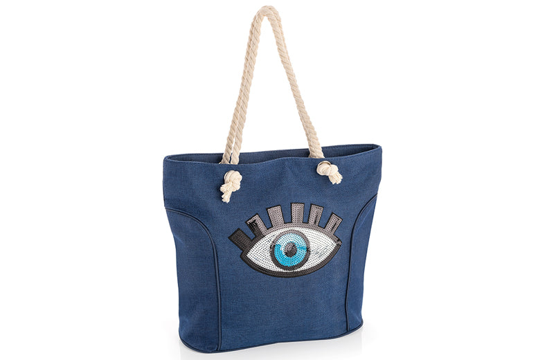 Premium Blue Canvas Tote Zip Bag with Eye Motif – Stylish Everyday Shoulder Bag
