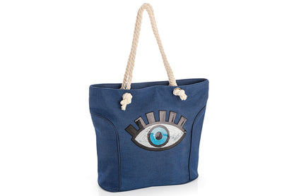 Premium Blue Canvas Tote Zip Bag with Eye Motif – Stylish Everyday Shoulder Bag