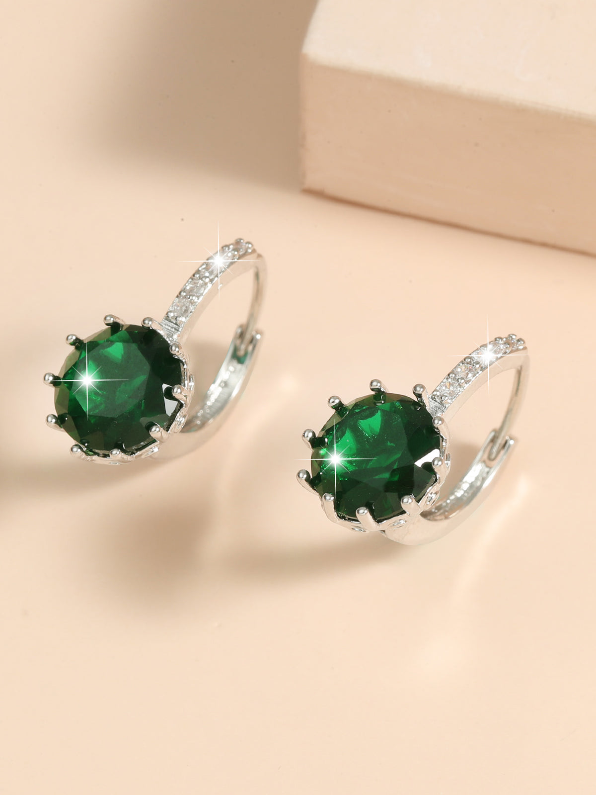 Green Crystal Halo Ring and Huggies Earrings Set