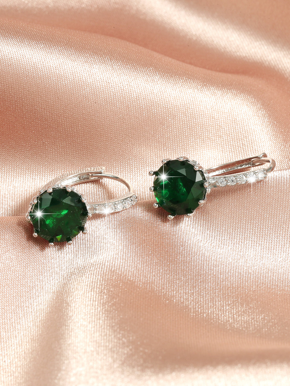 Green Crystal Halo Ring and Huggies Earrings Set