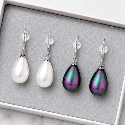 925 Sterling Silver Pearl Drop Earrings with Hallmarks White or Black