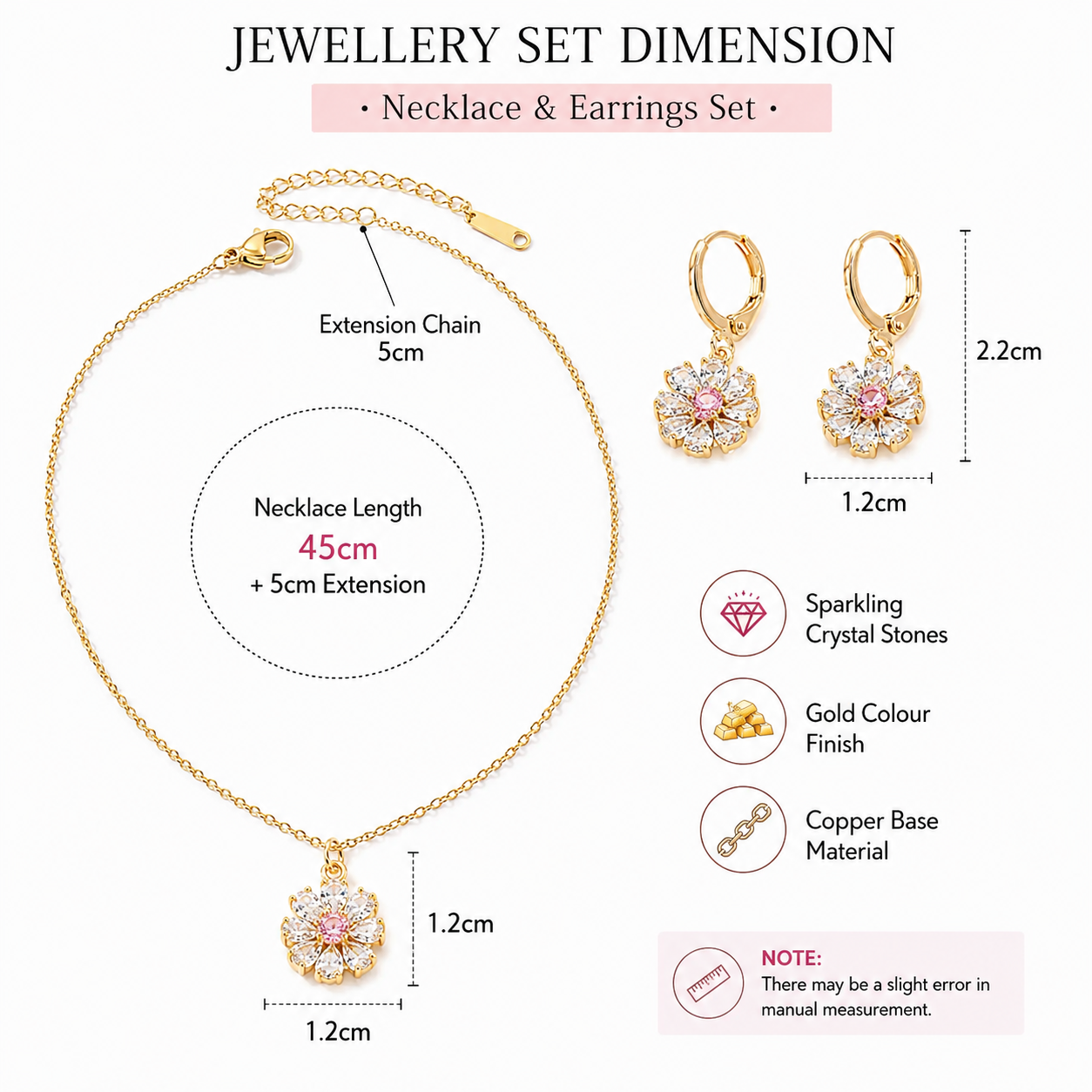 Flower Zircon Crystals Necklace and Huggies Earring Gold Tone 2 Pcs Jewellery Set