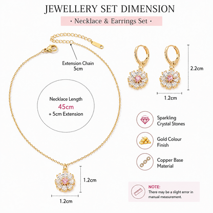 Flower Zircon Crystals Necklace and Huggies Earring Gold Tone 2 Pcs Jewellery Set